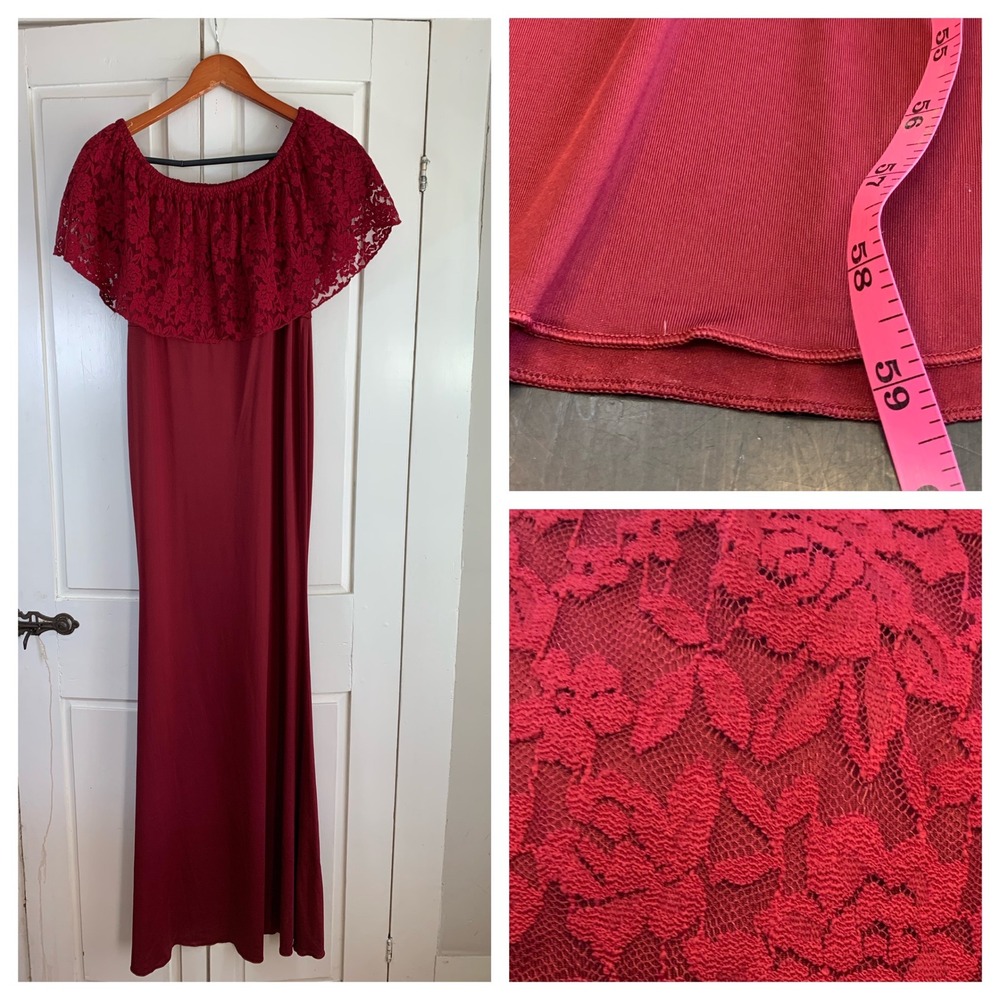 Burgundy Lace Off-Shoulder Maxi‎ Dress Romantic Vampire Whimsigoth Soft Goth M